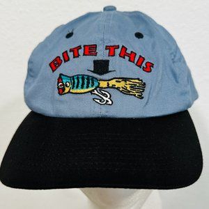 Shoebox BITE THIS Baseball Cap Hat Embroidered Fishing Bait Hook Blue Black OS